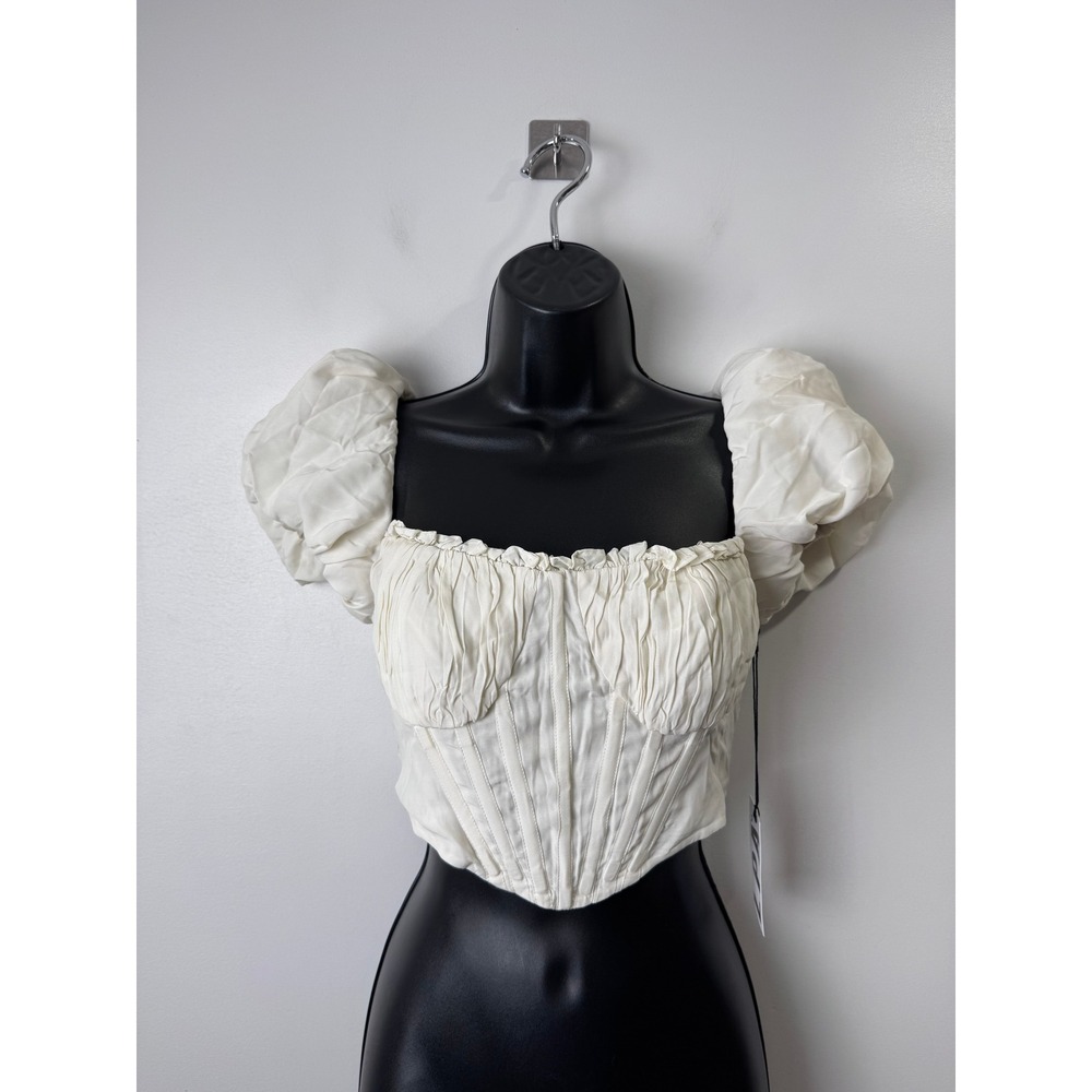 NWT LPA Women Ivory Puff Sleeve Corset Ruched Bust Crop Top XS